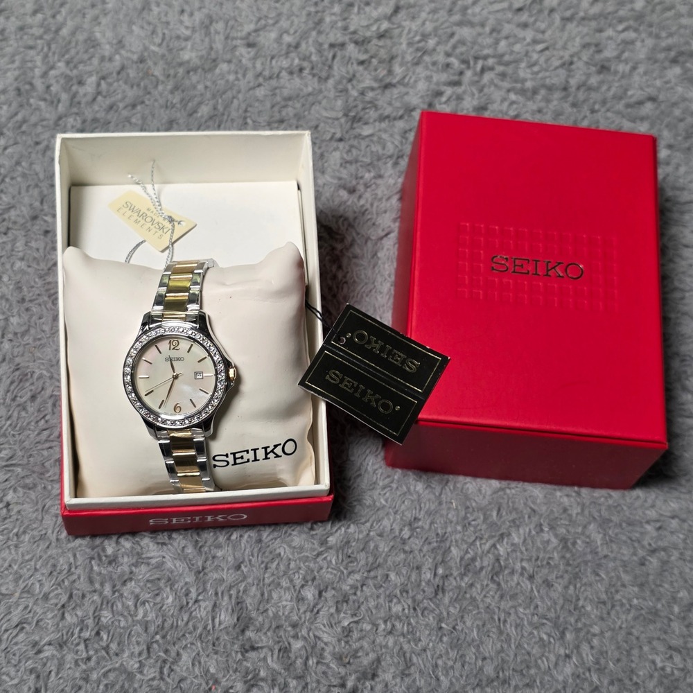 Seiko Womens SXDF95 Watch Two-Tone Mother of Pearl Crystal Bezel New Box